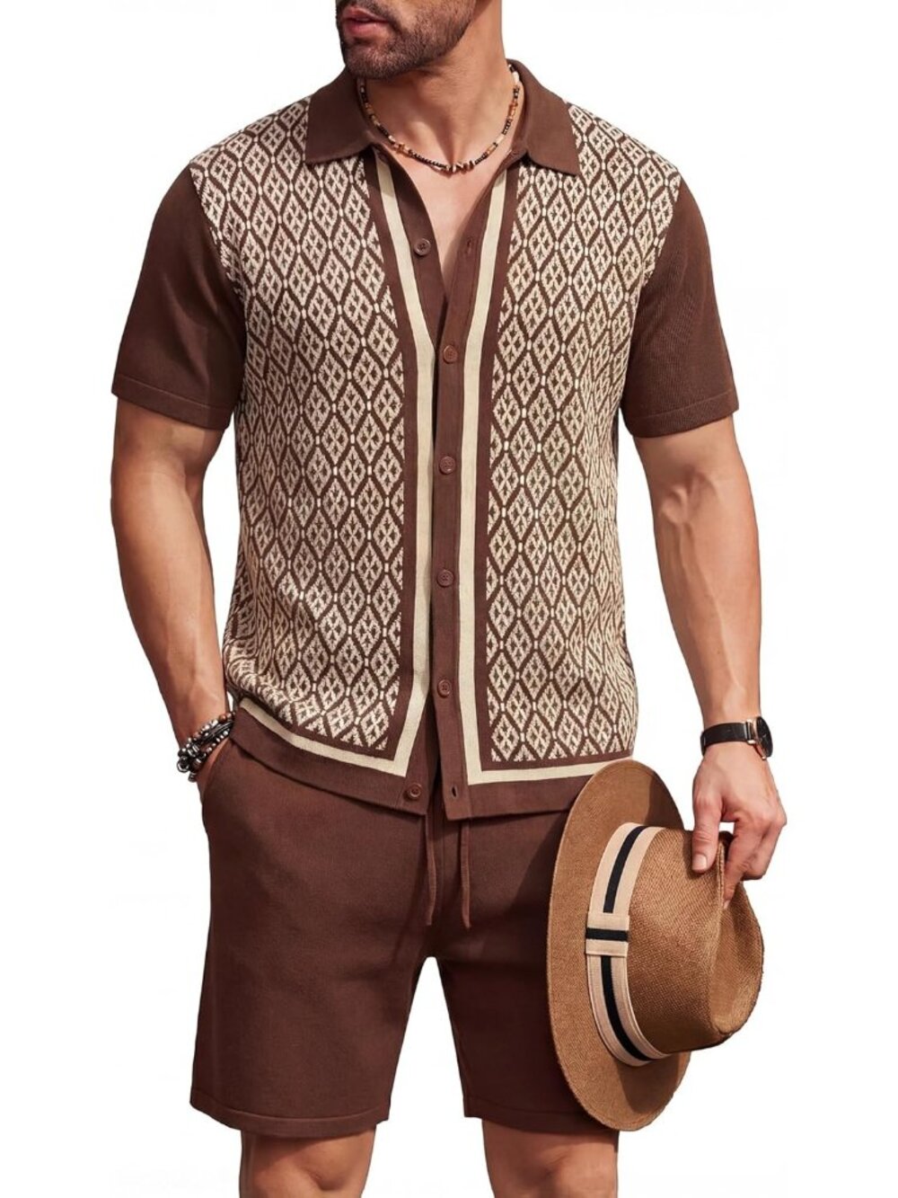 Coofandy Men's Brown & Light Khaki Vintage Short Sleeve Button Down Polo Shirts